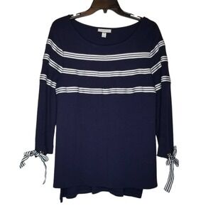 Charter Club Top Womens Medium Ribbon Tie Sleeve Top Navy Intrepid Nautical
